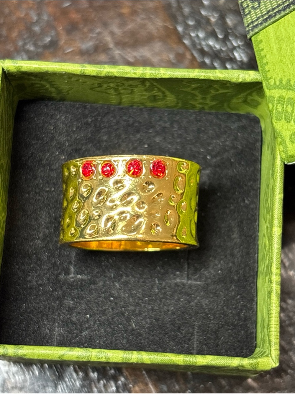Gold Hammered Wide Band Ring with Red Stones